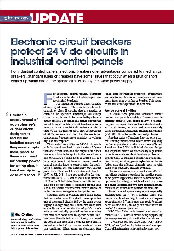 Titelbild Artikel über 24 V Schutzschalter in der Control Engineering
