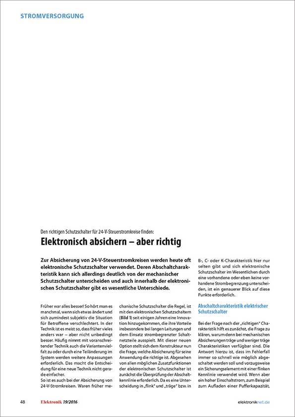 Titelbild Artikel über 24 V elektronsiche Schutzschalter in der Elektronik