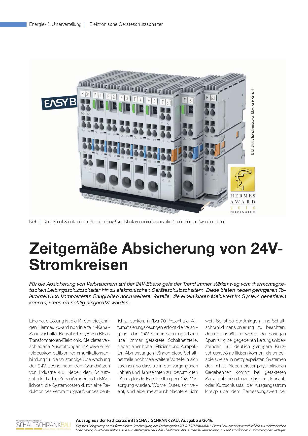 Titelbild Artikel Elektronischer Schutzschalter EasyB in der Schaltschrankbau