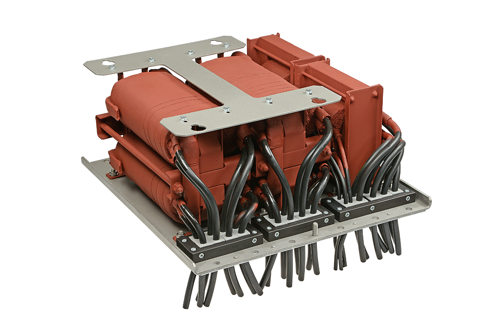 MF-Transformator Produktabbildung einer Kombination von vier luftgekühlten Mittelfrequenz-Transformatoren in einer Baugruppe für die Bahntechnik